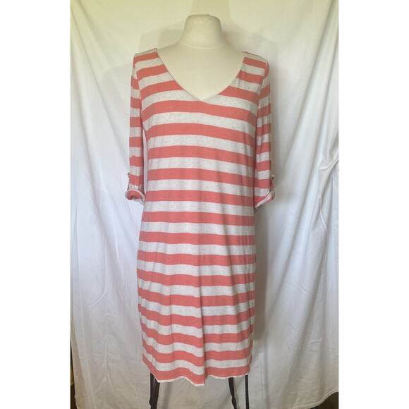 Pink Blush Orange Off White Striped Casual Tunic/Dress Fully Lined Roll Tab 3/4 - Picture 1 of 15